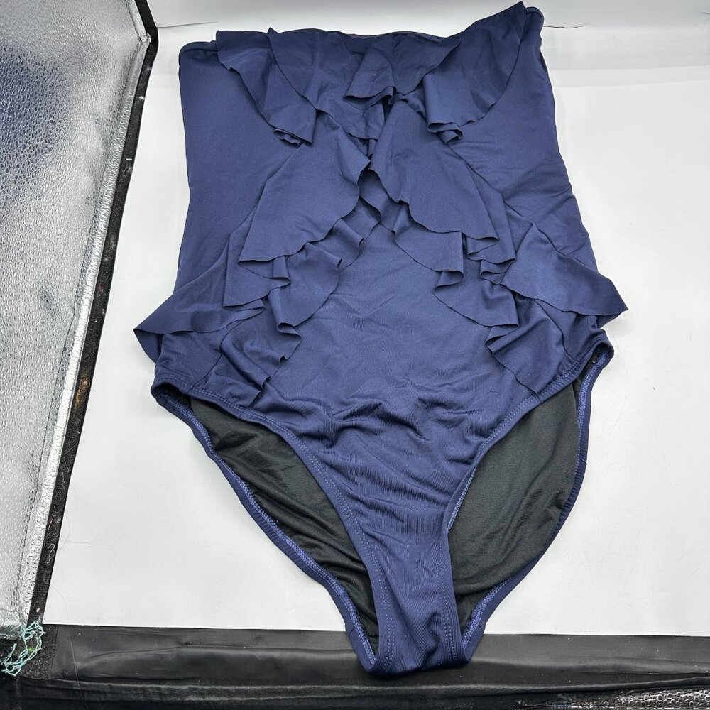 Womens One Piece Swimsuit Navy Blue Ruffles Size 12 Missing Straps Clean